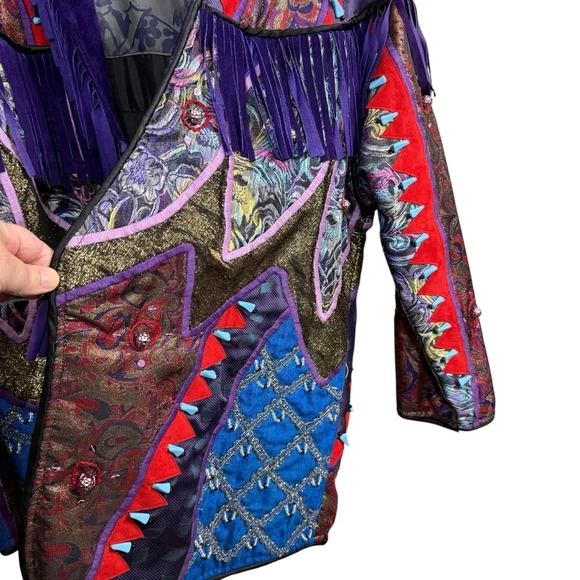 Vintage Judith Roberts Mexico Patchwork Fringe Jacket Beaded Western L/XL - Picture 9 of 16